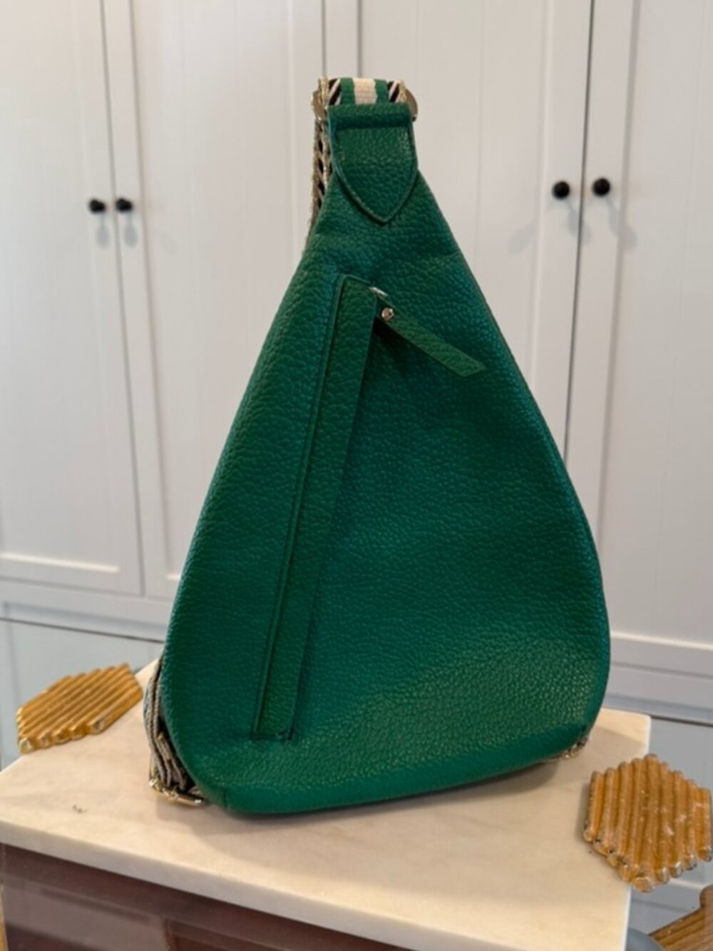 Oliver Bonas Green Leather Sling Crossbody Bag w/ Striped Strap